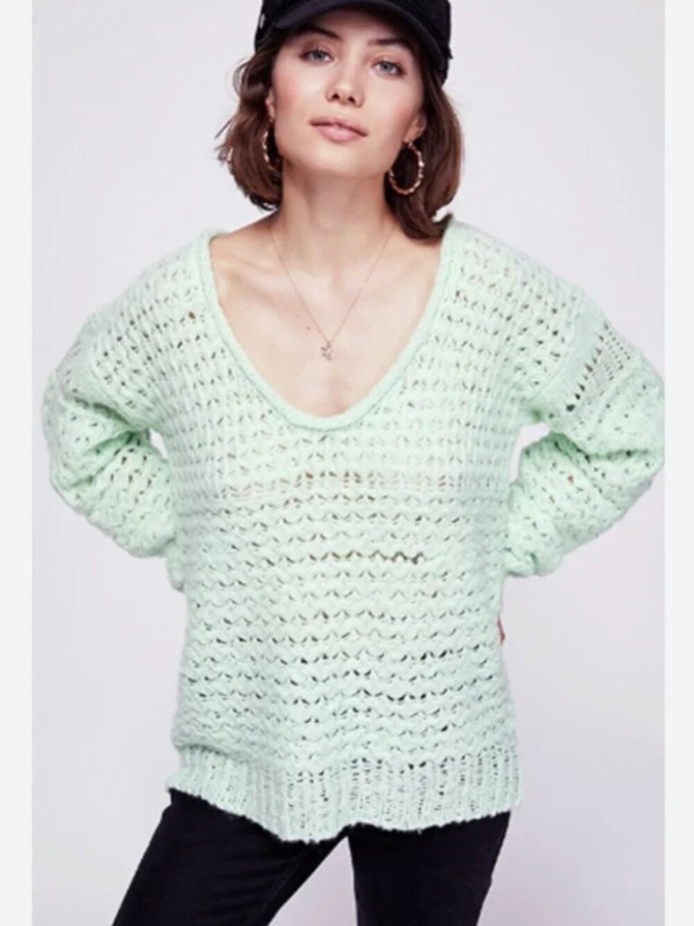 Free People "Crashing Waves" Pullover Sweater In Mint Green - Size Medium